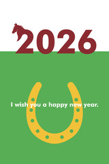 馬と一体化した2026年のロゴと幸運の蹄鉄をモチーフにした馬の年賀状デザイン午年　縦型