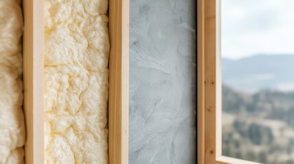 The image shows insulated wall sections with yellow insulation material and a smooth gray surface, framed by wooden structures, set against a scenic backdrop.