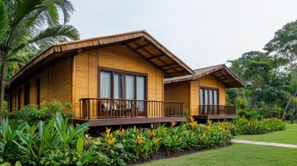 Fototapeta premium Two bamboo-style cottages surrounded by lush greenery and vibrant flowers, creating a serene and inviting atmosphere.