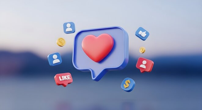 3D render of social media icons including like user and coin floating in a blurred background for online engagement