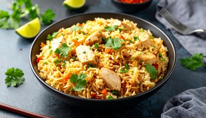 Indian Chinese Fried Rice With Chicken Served In A Bowl