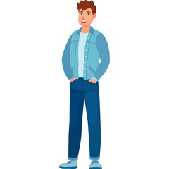 Young Man Standing Confidently With Hands In Pockets Wearing A Blue Denim Jacket And Jeans With White TShirt And Blue Sneakers On A White Background