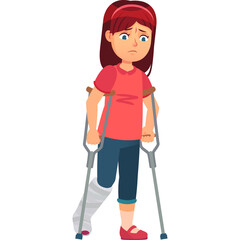 Young Girl With Broken Leg In Cast And Crutches Looking Sad With Red Shirt Blue Jeans And Pink Shoes Transparent Background