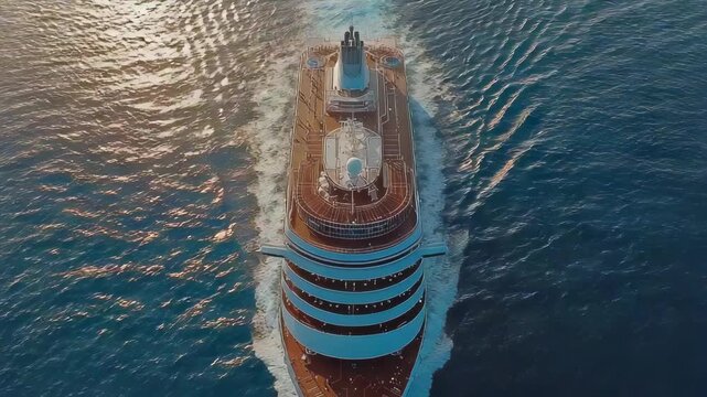 Cruise ship glides on water, wake trailing behind