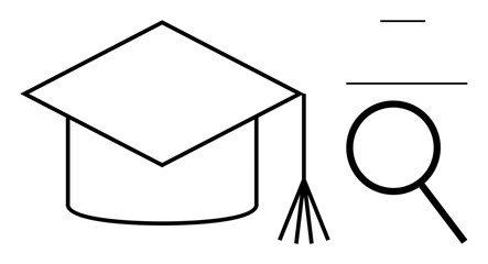 Graduation cap and magnifying glass symbolizing knowledge, academic search, and achieving goals. Ideal for education, research, success, learning, analysis discovery and career growth. Simple flat