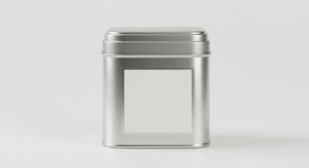 matte aluminum tea tin with wide foil label zone isolated on a white background for food storage or packaging presentation