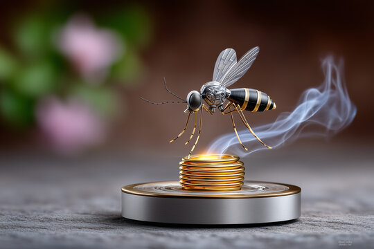 Mechanical Insect Hovering Above Stacked Golden Rings with Smoke - Powered by Adobe