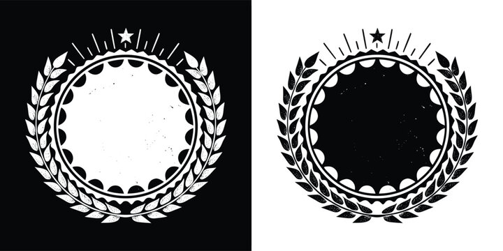 Circular laurel wreath emblem with starburst and ornate inner circle, presented in both positive and negative versions for versatility