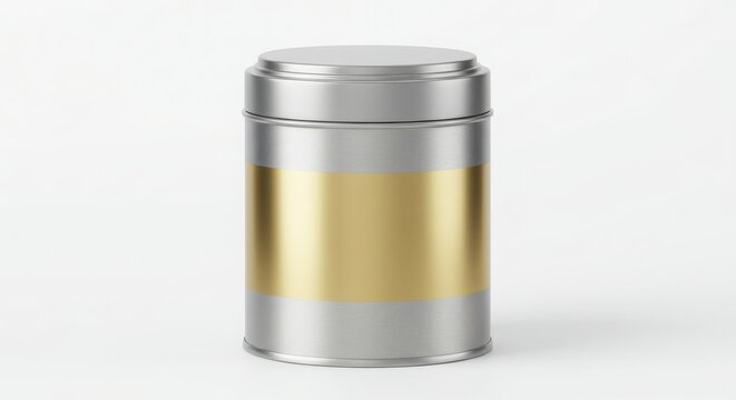 matte aluminum tea tin with wide foil label zone isolated on a white background for food storage or packaging presentation