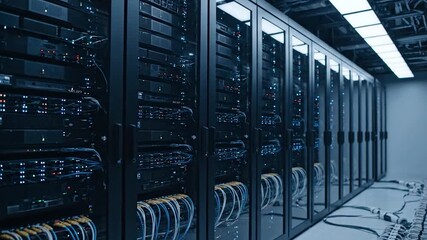Modern data center showcases rows of server racks, filled with network hardware, cables, and lights - Powered by Adobe