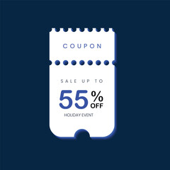 Coupon templates in blue and white color with coupon code, percent sale off, isolated on white background. Gift voucher icon set in flat style