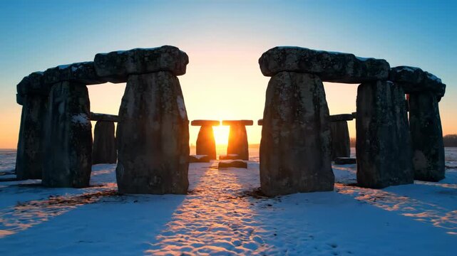 Winter solstice sunrise over ancient stone circle marking shortest day and longest night celebrating pagan festival