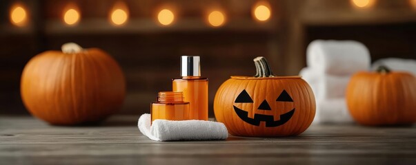 halloween Halloween-inspired facial treatment with pumpkin-scented products, in a dimly lit spa with soft eerie music, Pumpkin facial, Halloween Spa Luxury