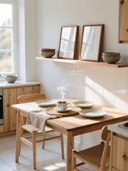 Fototapeta premium Two mockup poster frames above a wooden dining table in bright Scandinavian kitchen with morning sunlight and warm minimalist decor