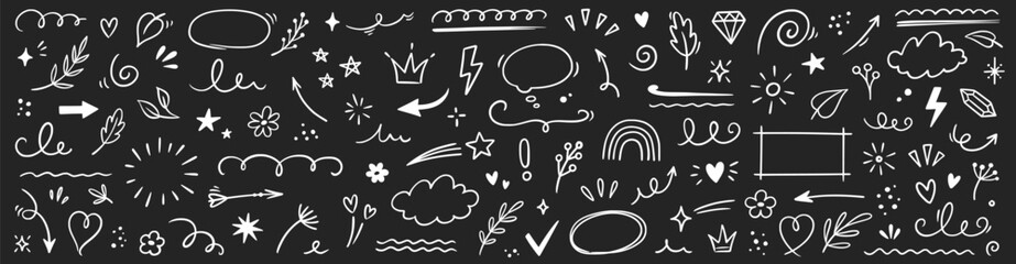 Element line cute sketch icon set. Hand drawn line cute nature decoration element arrow, heart, leaf and sun. Nature leaf, cloud, sketch ornament on chalkboard background. Vector illustration