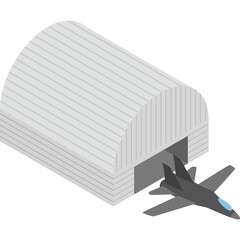 Gray Military Jet Airplane Parked Outside a Large Light Gray Quonset Hut Hangar Building on a Transparent Background