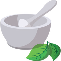 Gray Mortar and Pestle With Two Green Leaves On Transparent Background Isolated
