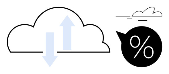 Cloud with up and down arrows representing data flow, smaller cloud and percentage icon. Ideal for technology, internet, cloud storage, data analysis, efficiency, weather minimalism. Simple flat