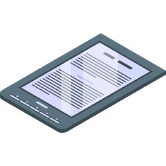 Gray E Reader Device Displaying Text and Graphics on Screen with Transparent Background in Isometric View