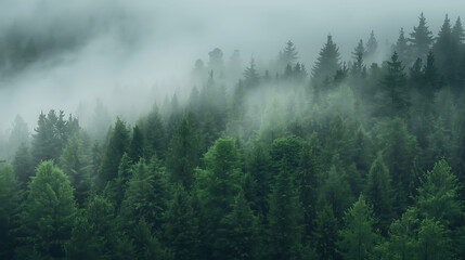 Misty Forest Landscape with Dense Trees in Morning Fog