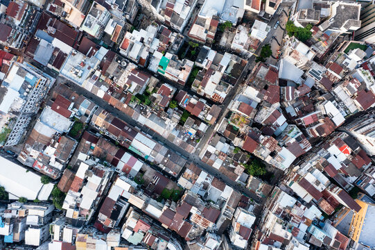 Top down aerial view of residential district, Macao, China
