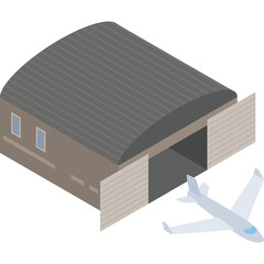 Gray Hangar With Open Doors And Small Airplane On Transparent Background Isometric View