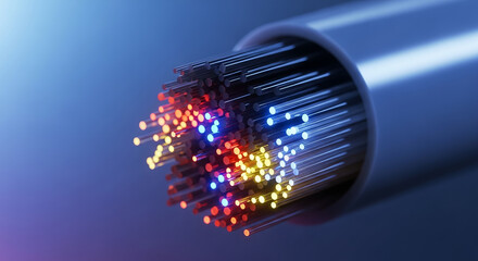 Fiber optic cable transmitting data with glowing light streams