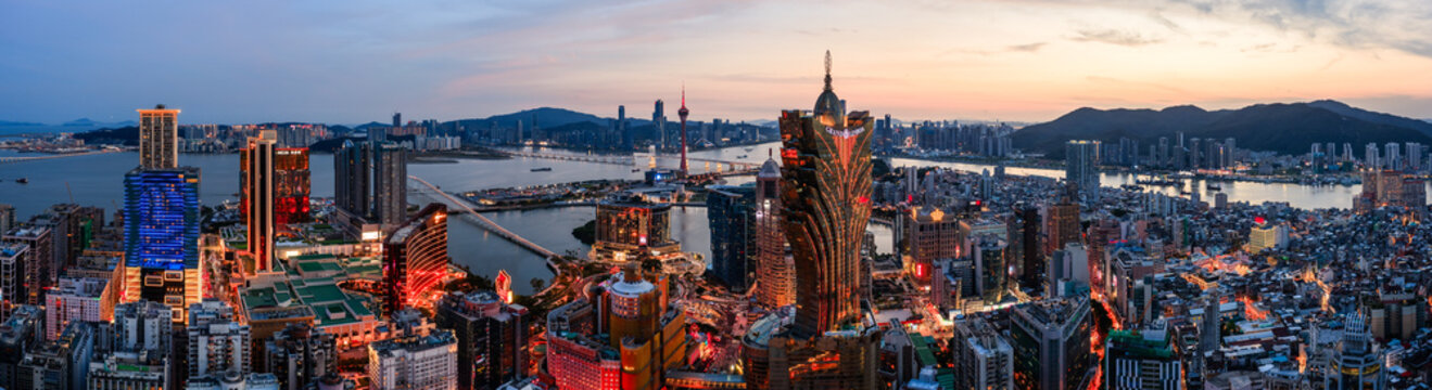 Aerial view of urban skyline at dusk, Macao, China