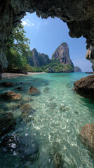 Naklejka premium Emerald Cove Sanctuary: A breathtaking coastal scene frames a turquoise ocean, embraced by a limestone rock formation creating a captivating, tranquil, and picturesque scenery. 