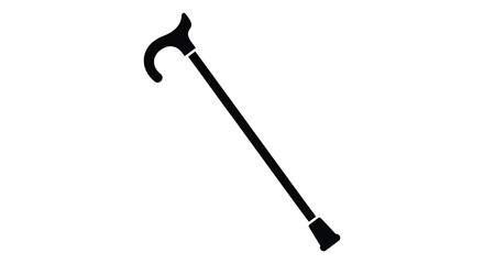Elegant black silhouette of a classic walking cane with a curved handle and rubber tip