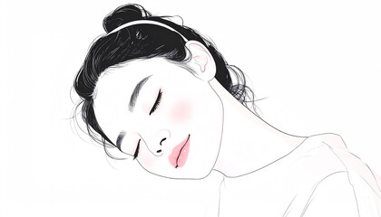 目を閉じて眠る若い女性のシンプルなイラスト、睡眠イメージの線画、生成ai画像 