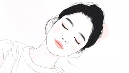 目を閉じて眠る若い女性のシンプルなイラスト、睡眠イメージの線画、生成ai画像 