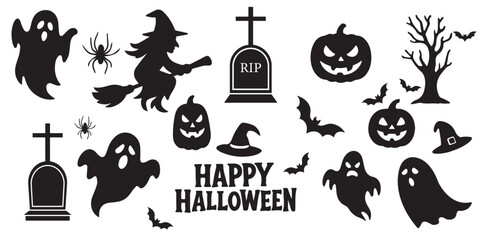 Fototapeta premium Spooky Halloween icon set featuring pumpkins, ghosts, bats, skulls, and witches in flat modern style. Perfect for party invitations, posters, web, and seasonal designs. High-quality vector Eps 10.