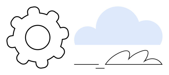 Gear symbol beside a blue cloud and waves, representing technology, system processes, and cloud computing. Ideal for innovation, efficiency, connectivity, development, automation IT simple flat