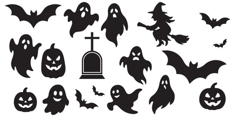 Spooky Halloween icon collection featuring pumpkins, ghosts, bats, and skulls in modern flat design. Perfect for party invites, posters, web, and seasonal decorations. Vector illustration. EPS 10