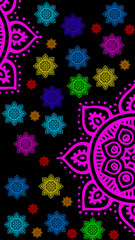 The Poetic Chronicle of a Silent Symphony, where random yellow, purple, red, and orange pattern stamps on a black background become a stunning visual narrative of spontaneity and chaos