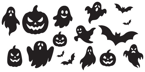 Halloween haunted house silhouette with bats and pumpkins. A big bundle of halloween haunted house silhouette set. vector illustration perfect for halloween project.Collection of halloween bats Eps 10