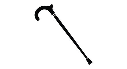 Classic elegant black silhouette of a walking cane with a curved handle and rubber tip on a white background