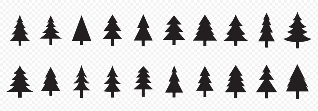 Christmas tree icon. Set of black christmas tree icons on white background. Vector illustration. Holiday icons