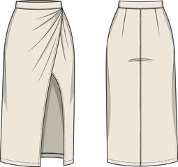 Technical fashion sketch, high waist skirt, wrap front, slit hem, back view, garment construction, panel seams, fitted silhouette, apparel design
