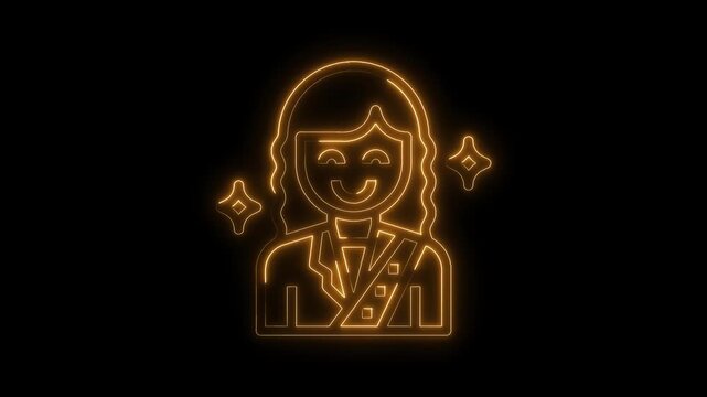 Neon animated girl scout icon with long hair and sash on black background