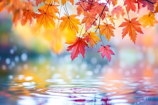 Colorful autumn maple leaves with water droplets reflect in the clear tranquil water