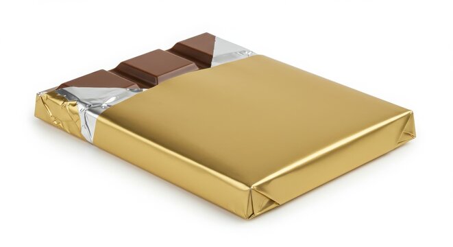 high-end chocolate bar in metallic sleeve with foil edge and logo zone isolated on white background for product display or advertising purposes