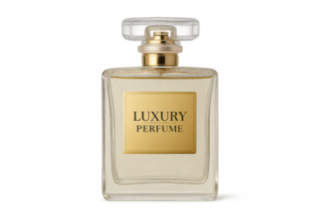 Luxury perfume bottle with gold label on transparent background