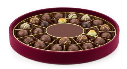 gourmet chocolate bonbons in circular box with velvet tray and branding spot isolated on a white surface for dessert or pastry packgaing presentation