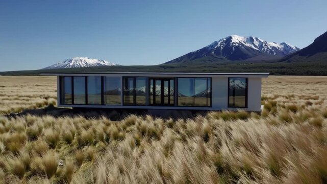 Modern cabin serenity with simple architecture, expansive glass window, mountain views, grass field, blue sky, peaceful nature landscape