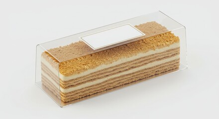 Isolated premium dessert bar in transparent acrylic sleeve with foil label zone on a white background for dessert and pastry photography