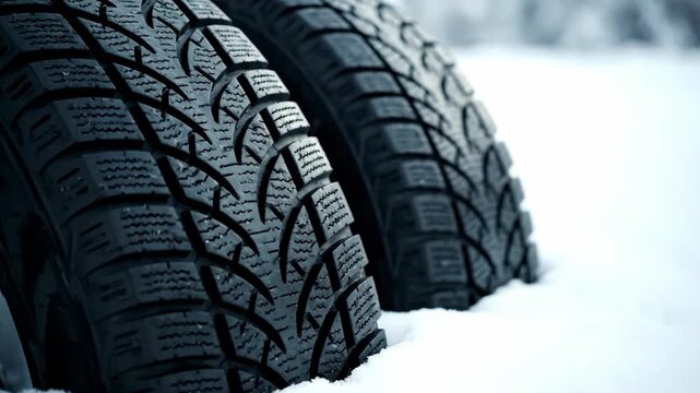 Close-Up of Winter Tire Treads on Snowy Ground for Safe Driving