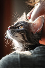 Cat being gently held against owner's chest, gazing upward in warm sunlight
