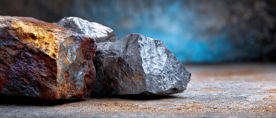 minerals rock background concept. Rough stones with a blue background create a textured, natural scene.